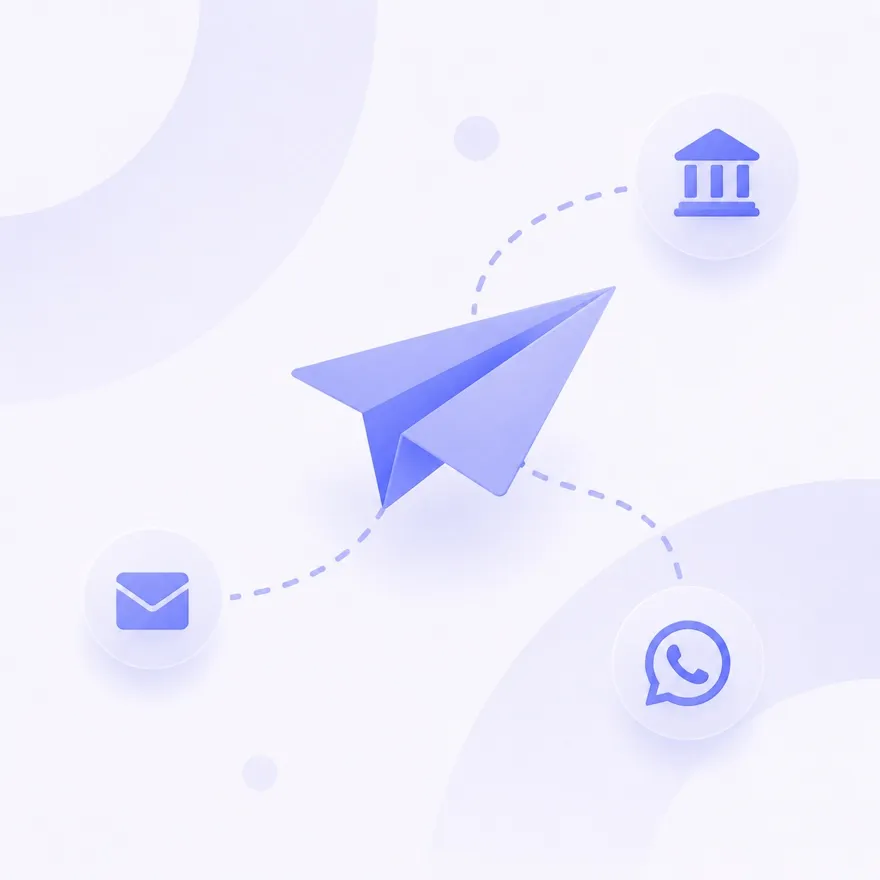 Paper plane routing to email, WhatsApp and bank icons